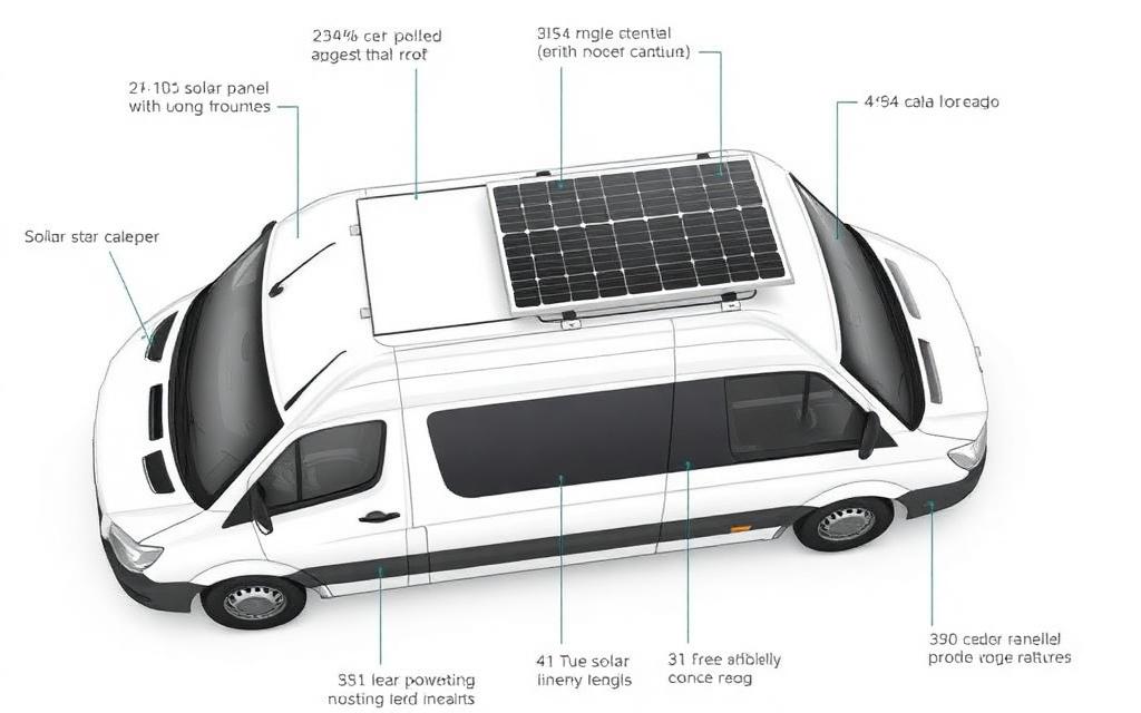 Esquema de placa solar instalada en el techo de una camper